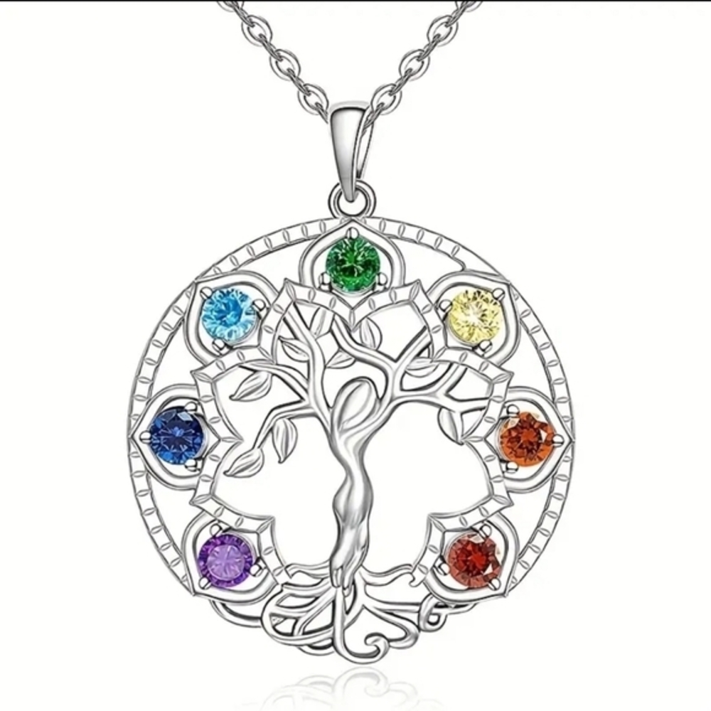 925 Sterling Silver Diamond 7 Chakra Tree of‎ Life Healing Necklace